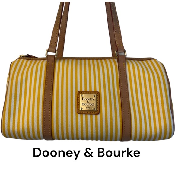Dooney & Bourke Shoulder Barrel Bag Gold & White Stripes with Taupe Straps EUC - Picture 1 of 10